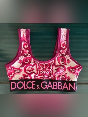 Dolce & Gabbana Pink and Cream Printed Sports Bralette with Logo Band